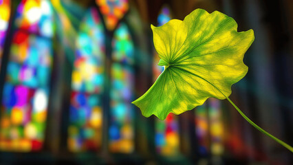 Vibrant Green Leaf: Illuminated by Colorful Stained Glass Background