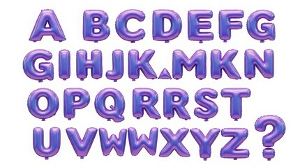 Shiny purple alphabet balloons displayed in rows forming the english alphabet and a question mark perfect for celebrations and education
