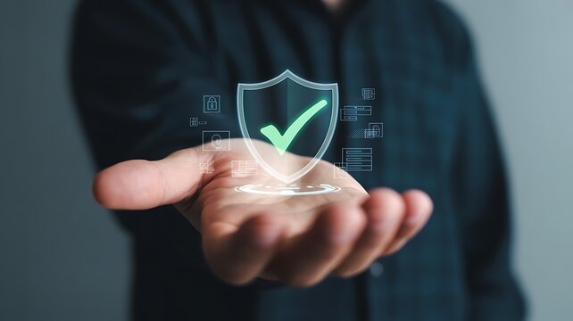 Hand holding glowing shield with green checkmark and icons