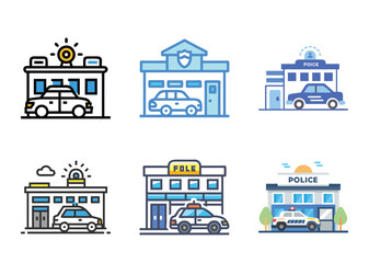 Different Styled Police Station and Bundle Vehicle Icons Featuring Various Designs