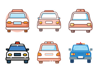 Front view of six different colorful cars, Bundle  including taxis and police