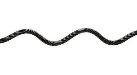 Fototapeta premium A single thick dark metal cable with a textured surface is shown in a gentle undulating wave pattern against a stark white background