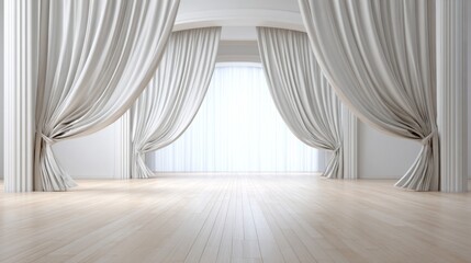 minimalistic bright stage scene, empty modern theater, clean architectural lines, soft white lighting, wide angle view, elegant curtains slightly opened