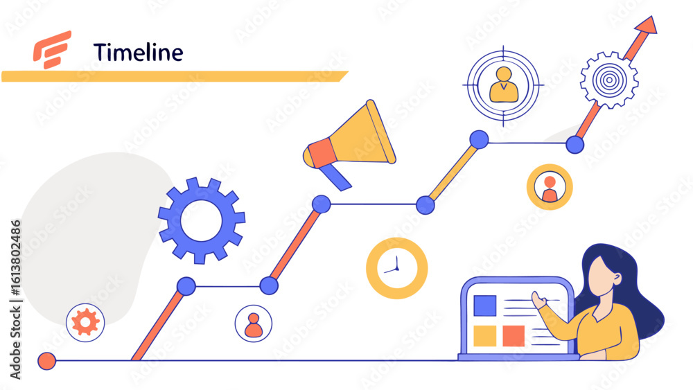 Poster infographic depicting a timeline with various icons representing business growth and development sta