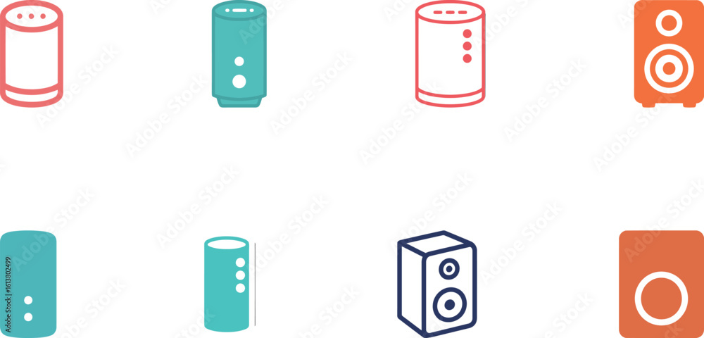 Poster collection of smart speaker and audio device icons representing home automation and sound technology