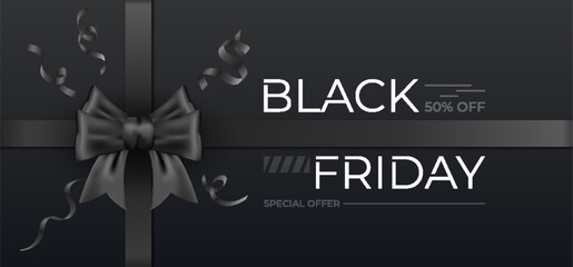 Black Friday special offer banner with black ribbon. Discount flyer template for holiday promotions, sales, and shopping ads. Editable vector poster for hot deals.