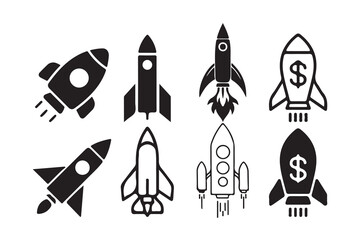 rocket vector set.  Launch spaceship or spacecraft. Exciting rocket, Black rocket icon. Victor illustration eps 10