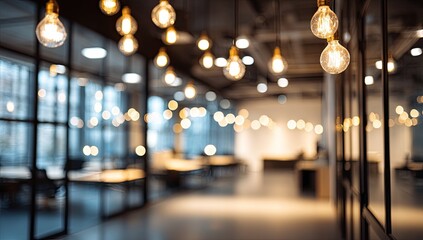 Blurred interior office space with Edison bulbs