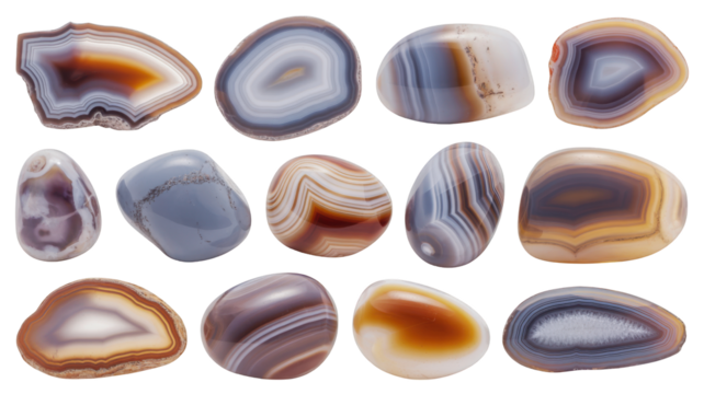 Polished agate stones with banded layers isolated on a transparent background image