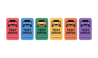A colorful test drive icons for car showroom promotion with various car colors and test drive text for advertising.
