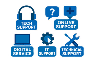 A illustration depicting tech, it, online, technical and digital support, blue icons representing customer service options for technological queries and assistance