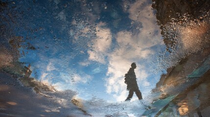 Obraz premium Puddle reflects sky, walking figure