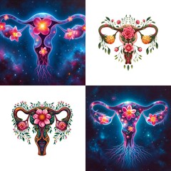 Cosmic Blossoms – Vibrant Female Reproductive Systems with Flowers & Roots

