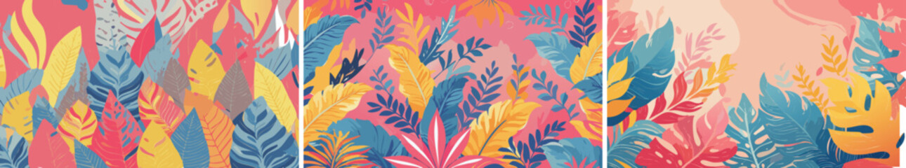 Fototapeta premium Vibrant Tropics: A Tropical Foliage Background with a Bright Pink Palette and Colorful Leaves, Perfect for a Bold and Exotic Design.