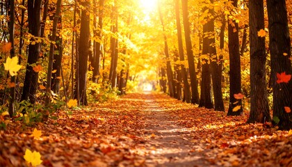 Sunlit autumn forest path