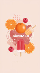 Summer refreshment concept with ice cream, oranges, and raspberries for seasonal design