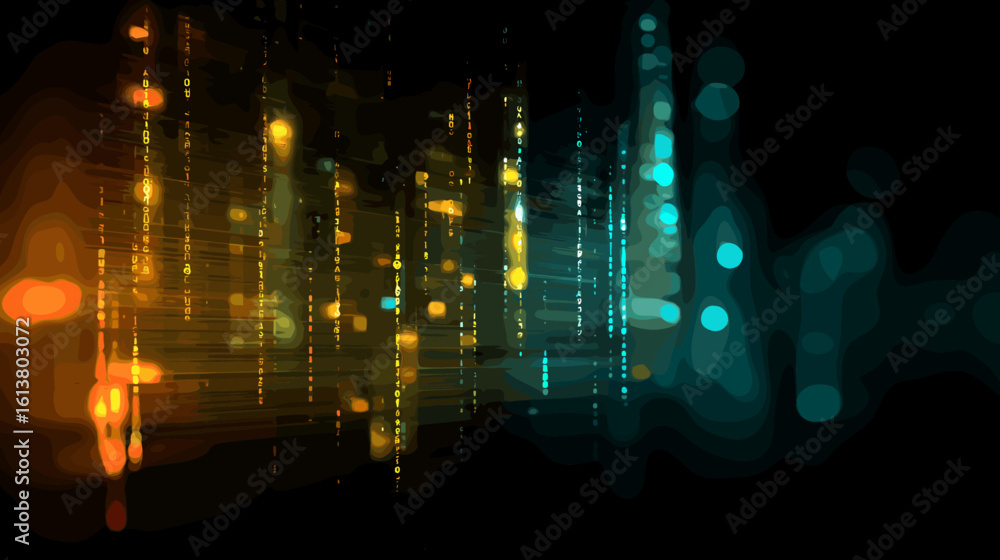 Poster glitch vector background with colorful light streaks and patterns
