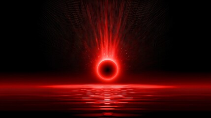Glowing red orb emitting light beams above reflective surface black