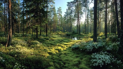 Obraz premium A forest brimming with lush greenery and white blossoms runs alongside towering trees