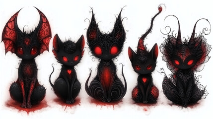 Dark Fantasy Demon Cats with Glowing Red Eyes, Gothic Magical Creatures Illustration