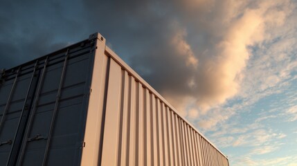 Close-up of a shipping container, with a blue sky and clouds in the background