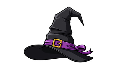 Classic witch hat with purple ribbon and gold buckle in detailed vector art