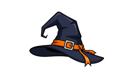 Spooky crooked witch hat with bent tip and orange ribbon in vector illustration