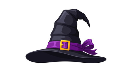 Elegant pointed black witch hat featuring wide brim and golden buckle in vector style
