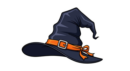 Crooked spooky witch hat in dark navy color with decorative ribbon and buckle