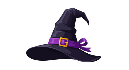 Traditional tall witch hat drawn in detailed vector illustration with ribbon and buckle