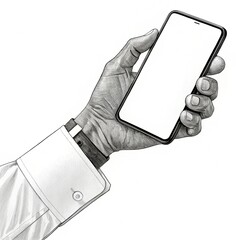 Black and white hand in a white shirt holding a phone with an empty screen isolated on white background - element for collage