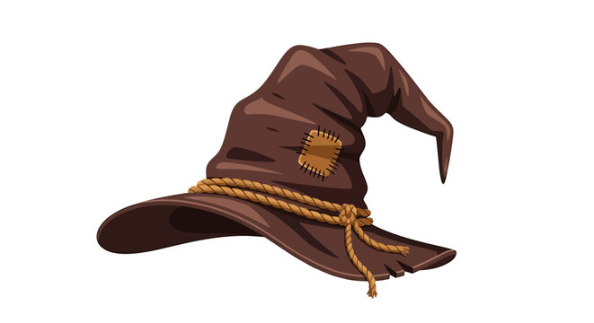 Rustic worn witch hat with bent tip and rope tie in detailed vector illustration