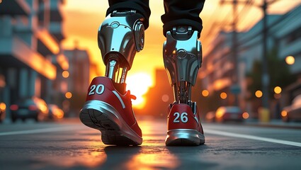 Futuristic Prosthetic Legs with Robotic Technology and Modern Sneakers at Sunse