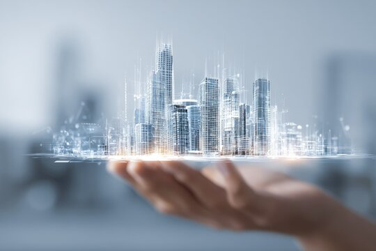 A hand holds a holographic city model.  Abstract, futuristic