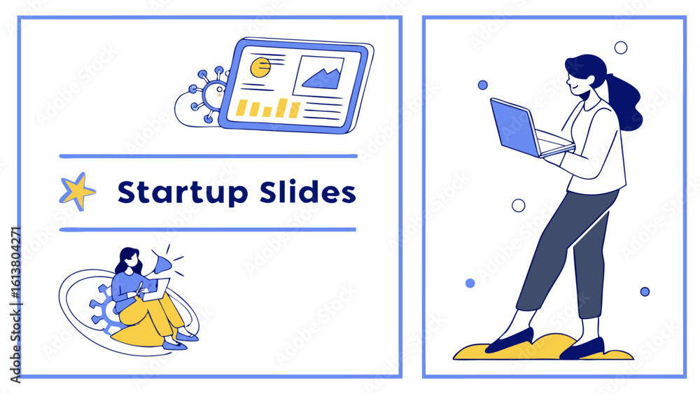 Poster illustration showing a woman using a laptop and a tablet with graphs for startup slides presentation