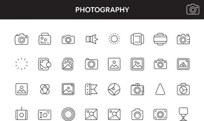Photography and camera related outline icon set
