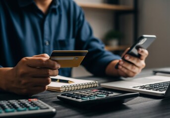 A photorealistic, cinematic shot of a person in a blue shirt sitting at a dark wooden desk. The primary focus is on the hands, which are holding a gold credit card and a smartphone to complete an onli