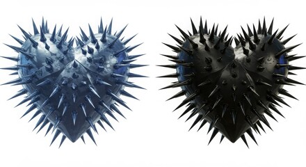 Two spiky hearts one blue and one black symbolizing love s sharp edges and emotional intensity presented against a clean white background