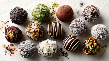 Assortment of gourmet chocolate truffles with various toppings and drizzles arranged artfully