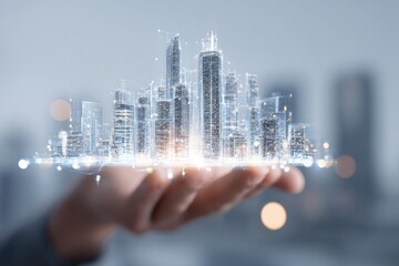 Holographic city model in a hand. Blurry, glowing structures