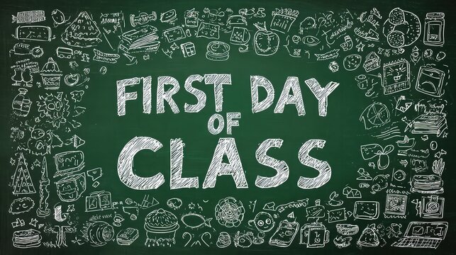 First day of class is written on a chalkboard with doodles - Powered by Adobe