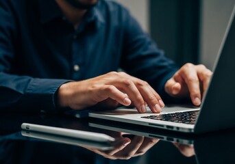 A photorealistic, cinematic shot of a professional in a dark shirt, seated at a glossy, reflective desk in a low-light environment. The primary focus is on his hands as they type on a modern laptop. D