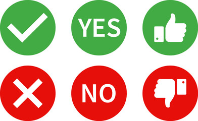 Yes and No signs. Thumbs up and Thumbs down. Check mark and cross mark symbols. Signs in green and red colored. Confirmation mark
