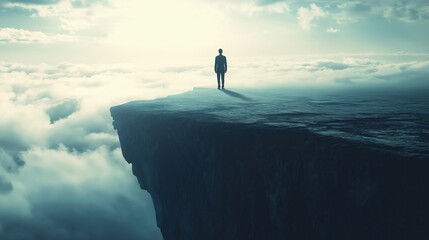 A lone figure stands on a cliff above the clouds in a contemplative pose