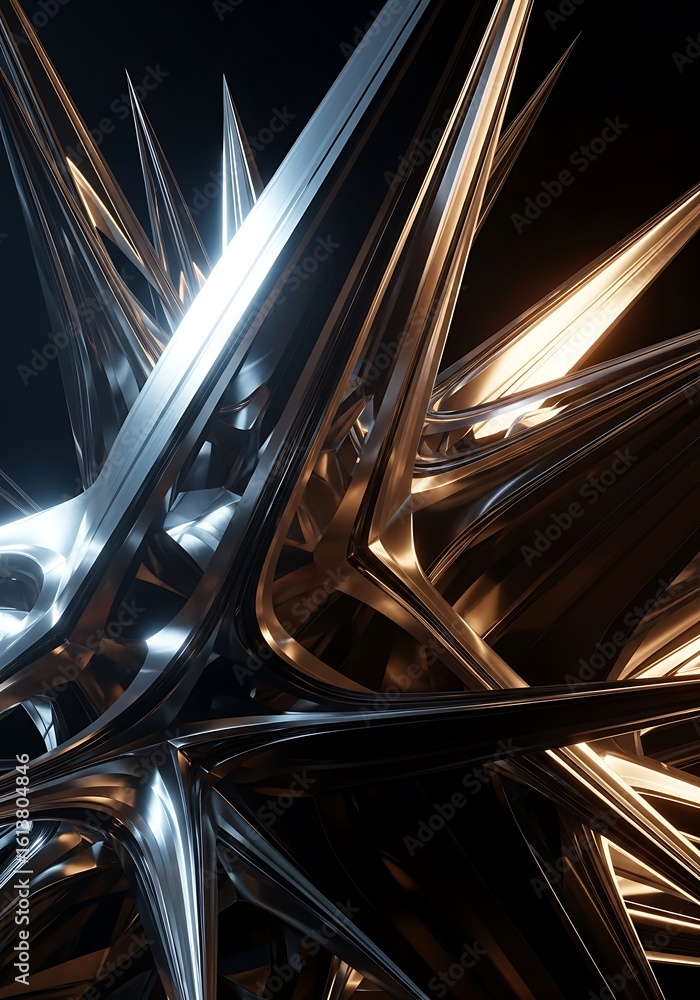 Poster abstract metallic formations with sharp edges in a dark and mysterious space