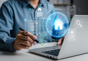 A photorealistic, cinematic shot of a professional at a desk, viewed from a front-side angle. The primary focus is on an intricate, glowing blue holographic interface floating above a laptop. This fut