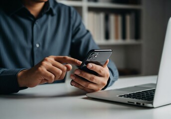 A photorealistic, cinematic shot of a professional in a dark striped shirt, seated at a modern office desk. The primary focus is on his hands, which are holding and actively using a sleek black smartp