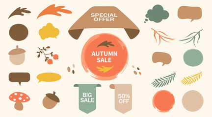 Autumn offers and sales.Collection  of autumn elements and icons. Seasonal things, leafs. Cartoon flat vector illustrations