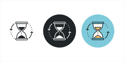 Three hourglass icons with circular arrows and dotted lines time sand