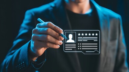 Person interacting with digital profile card with stars